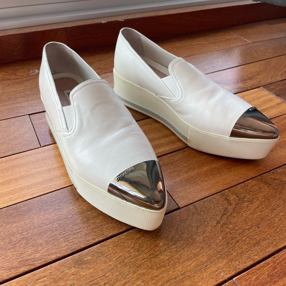 NWOT Miu Miu White Leather Loafers with Silver Toe